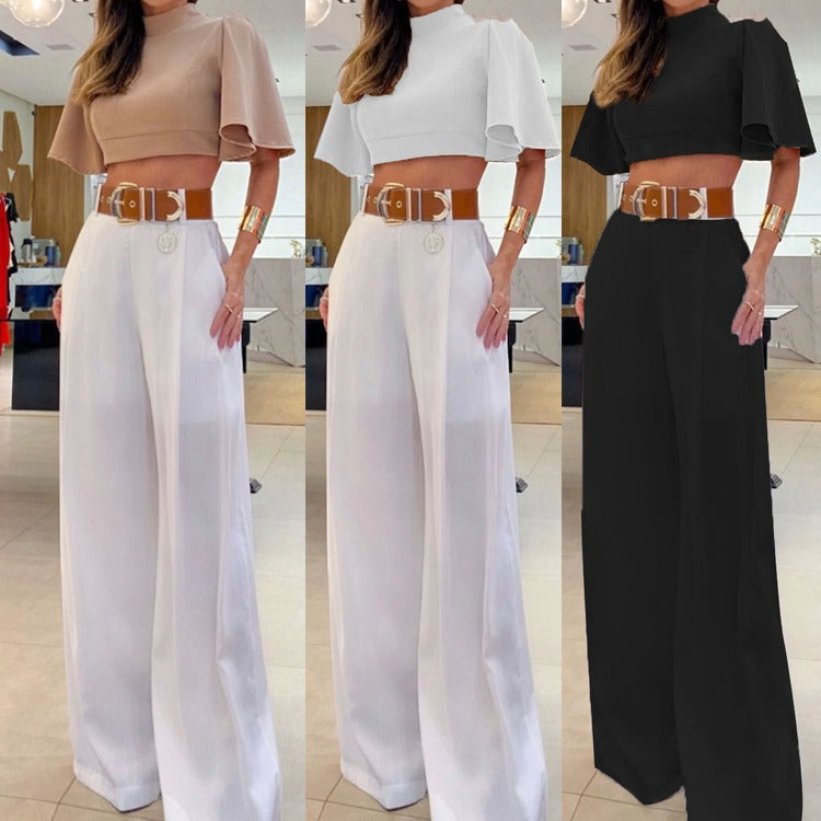 High neck flare sleeves blouse with wide leg pants set